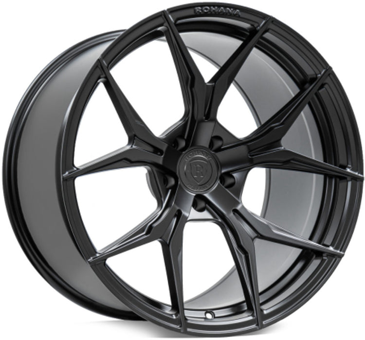 A front view of Rohana Wheels RFX5 Matte Black (Cross Forged) 19x8.5 5x112 25mm with white background