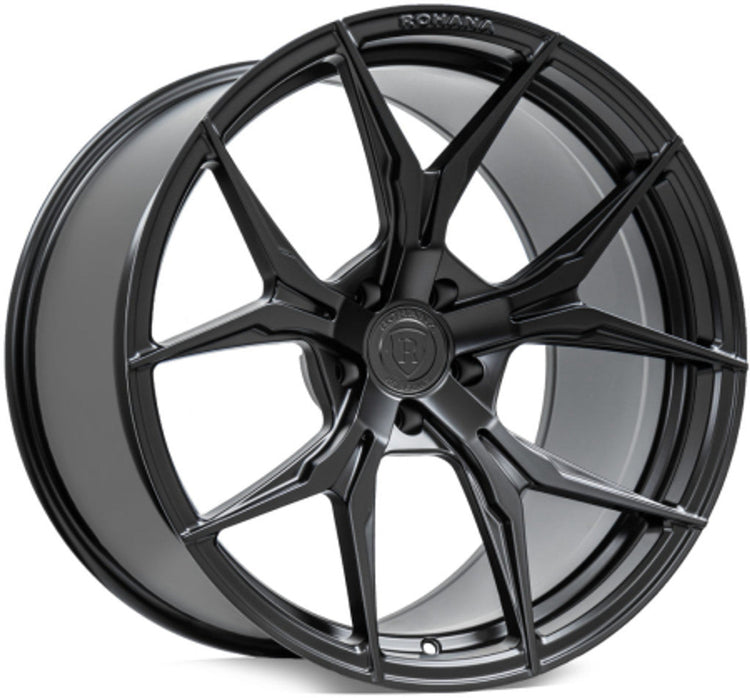 A front view of Rohana Wheels RFX5 Matte Black (Cross Forged) 20x9 5x112 27mm with white background