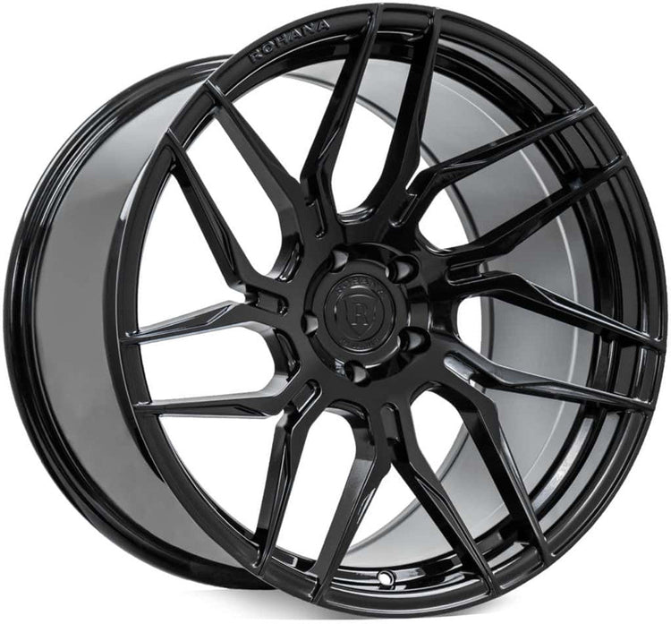 A front view of Rohana Wheels RFX7 Gloss Black (Cross Forged) 20x11 5x120 35mm Left with white background