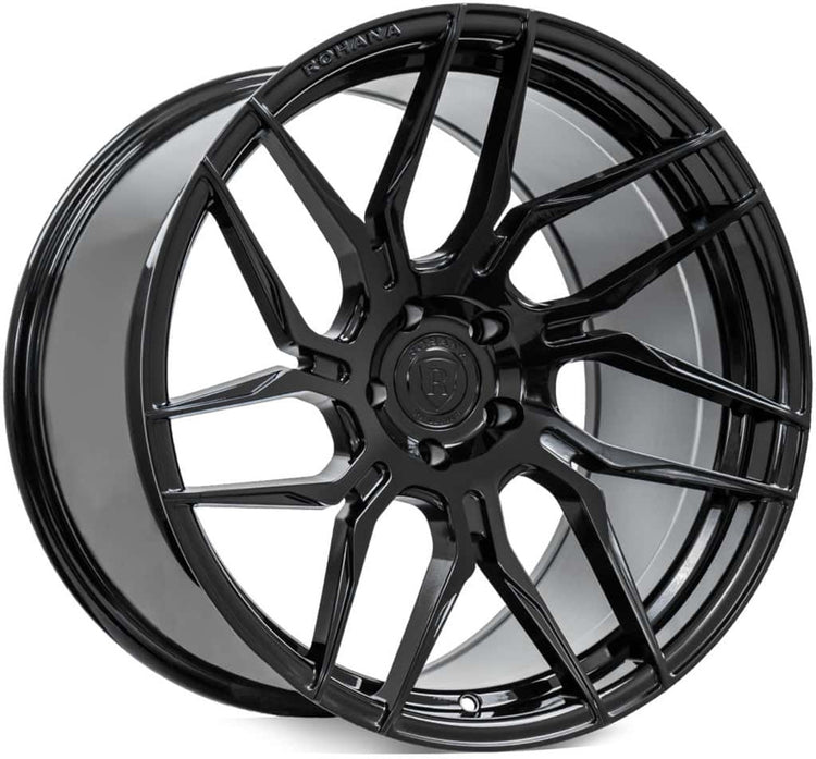 A front view of Rohana Wheels RFX7 Gloss Black (Cross Forged) 19x8.5 5x112 25mm Left with white background