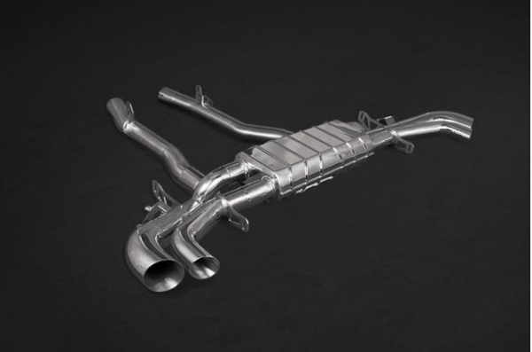 close view of Capristo Rear Muffler with Link Pipes (for OE Actuators) for Rolls Royce Cullinan 2018+ with black background