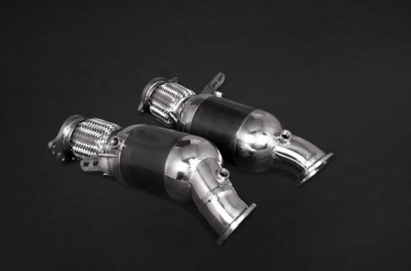 close view of Capristo 250 Cell Sport Cat Downpipes for Rolls Royce Cullinan 2018+ with black background