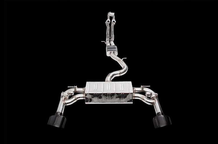 A top view of IPE SS Cat-Back Exhaust System for Audi RS3 8V.2 Sportback / Sedan 2017-2021 with black background
