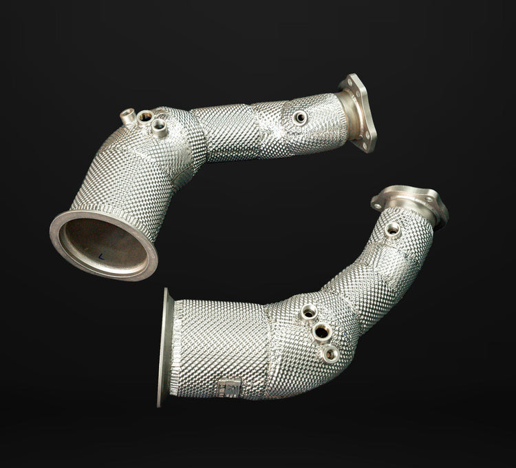 A front view of IPE SS Catted Downpipe for Audi RS4 B9 / RS5 F5 2018-2019 with black background