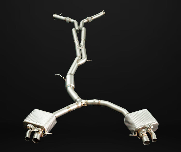 A top wide view of IPE SS Cat-Back Exhaust System with OBDII with Lighting Sensor for Audi RS4 B9 / RS5 F5 2018-2019 with black background
