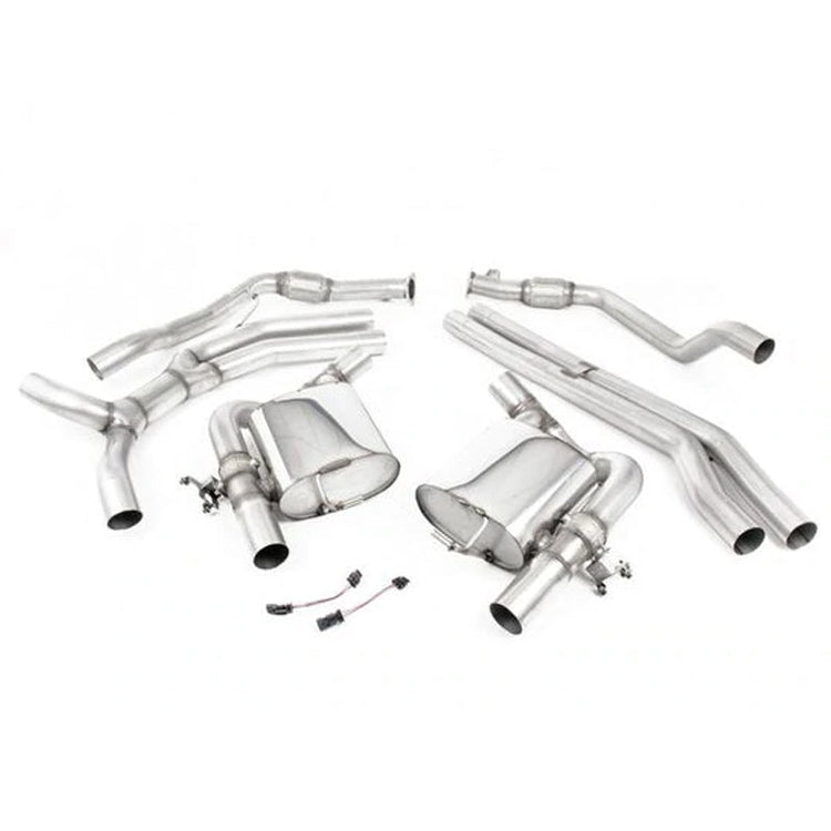 A front view of Milltek Resonated Cat-Back Exhaust System (Tips: Burnt Titanium) for Audi RS5 2018+ with white background