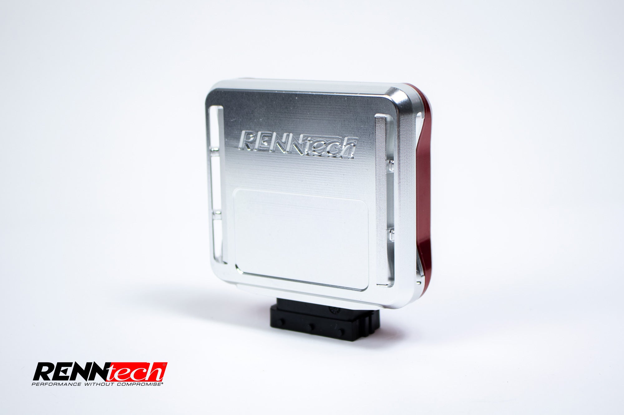 Silver-finish RennTech power module housing from a three-quarter angle