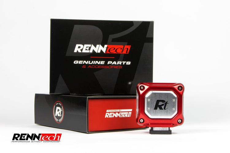 A front view of RENNtech Power Module | 417 HP / 442 LB-FT | M256 | 3.0 Inline 6 cylinder EQ Boost for Mercedes-Benz GLE 450 BiTurbo 2021-2023 with its box with white background