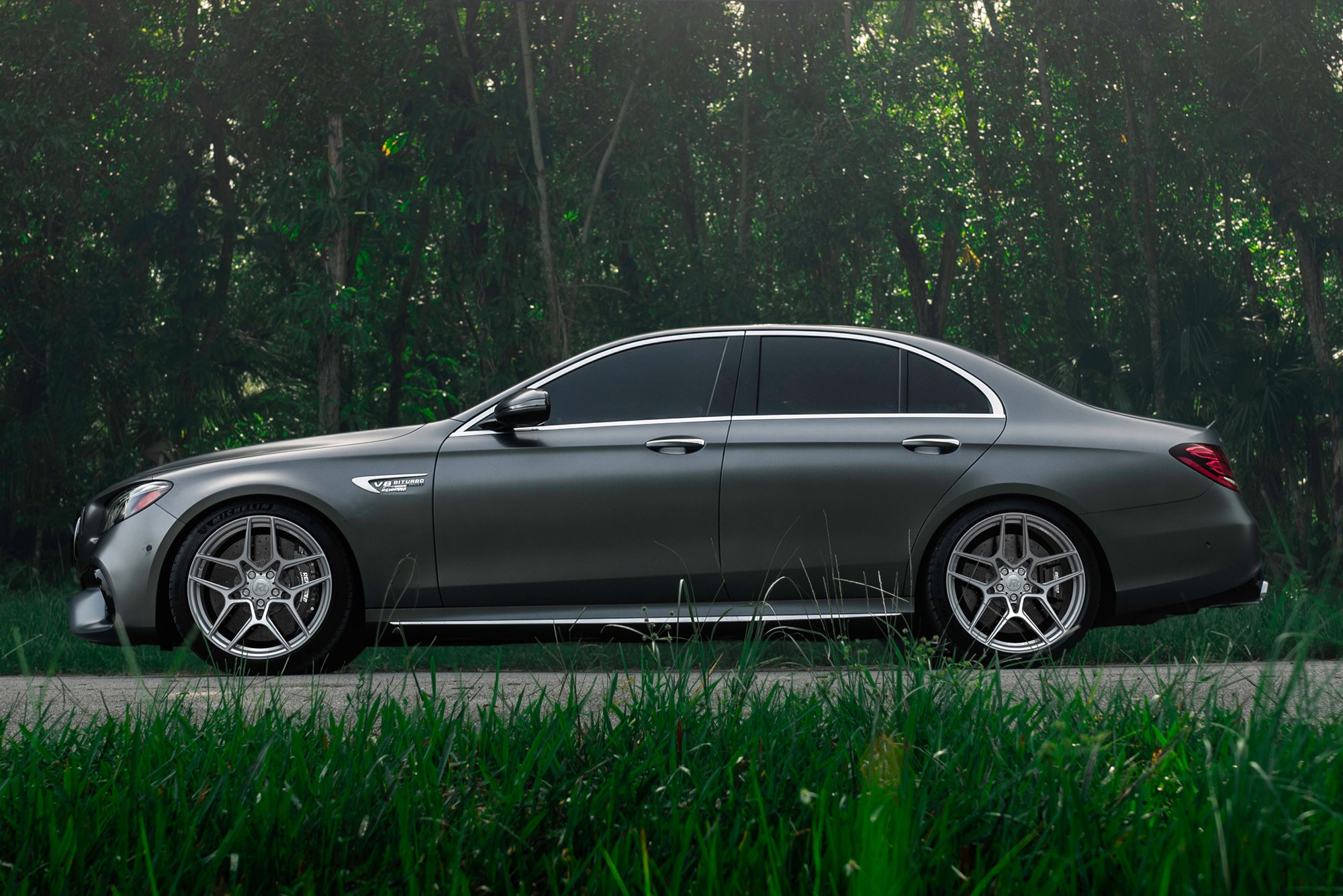 Grey E 63 sedan car on RennTech RTS wheels - RTS Forged 19-inch Wheels for the 2017-2023 E 63 AMG