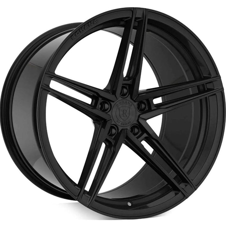 A front view of Rohana Wheels RFX15 Gloss Black (Cross Forged) 20x11 5x115 20mm with white background