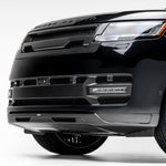 Carbon front spoiler on black Range Rover L460, front 3/4 close-up