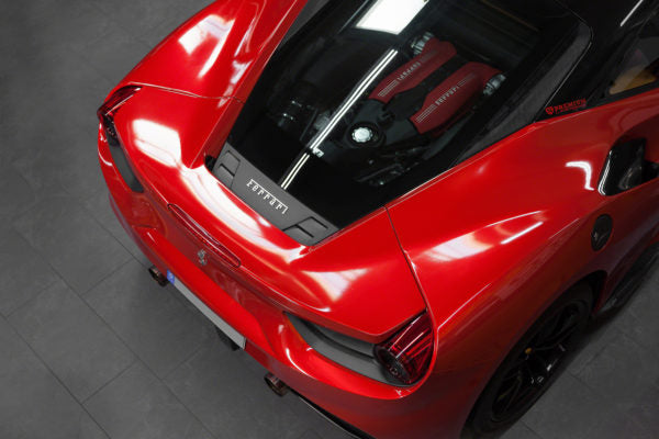 wide view of Capristo Carbon Rear Air Guide (Matte) for Ferrari 488 2018-2020 fitted inside a car