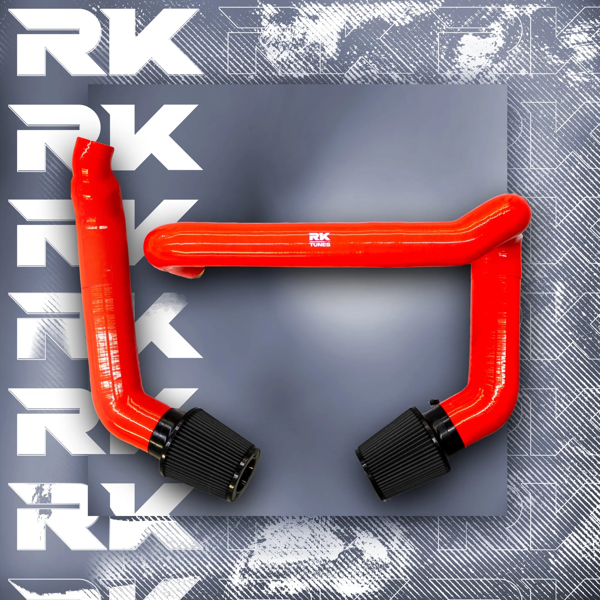 A top view of RK TUNES FRONT MOUNT INTAKES FOR G80 | G82 | G83 | G87 M2 | M3 | M4 | S58 2020+ in red with black air filters