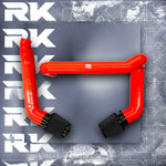 A top view of RK TUNES FRONT MOUNT INTAKES FOR G80 | G82 | G83 | G87 M2 | M3 | M4 | S58 2020+ in red with black air filters