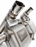 Close-up of hexagonal stainless tip and Capristo logo bracket on the Revuelto exhaust