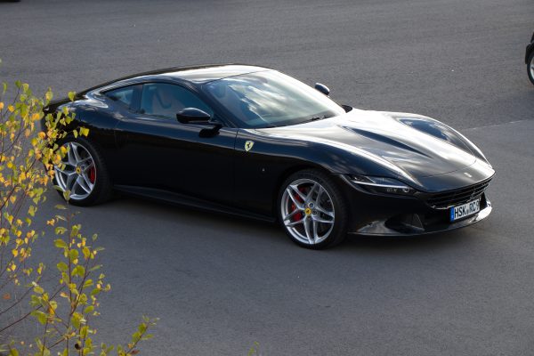 wide over view of Capristo Carbon Fiber Front Bumper (Complete) for Ferrari Roma 2020–2024 fitted inside a car