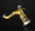 A front wide view of IPE SS Catted Downpipe (OPF Version) for Audi S4 B9 / S5 F5 2017-2025 with black background