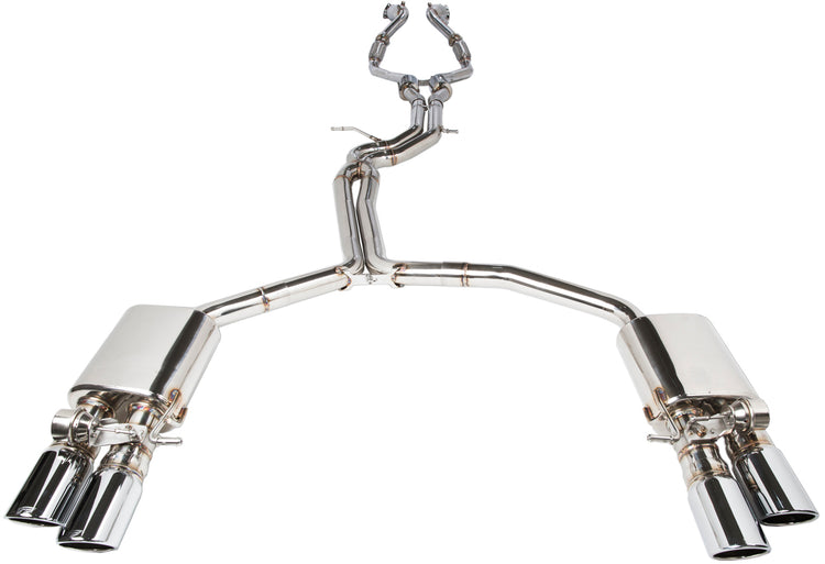 A top wide view of IPE SS Cat-Back Exhaust System with Remote Control for Audi S4 / S5 (B8/B8.5) 2008-2016 with white background