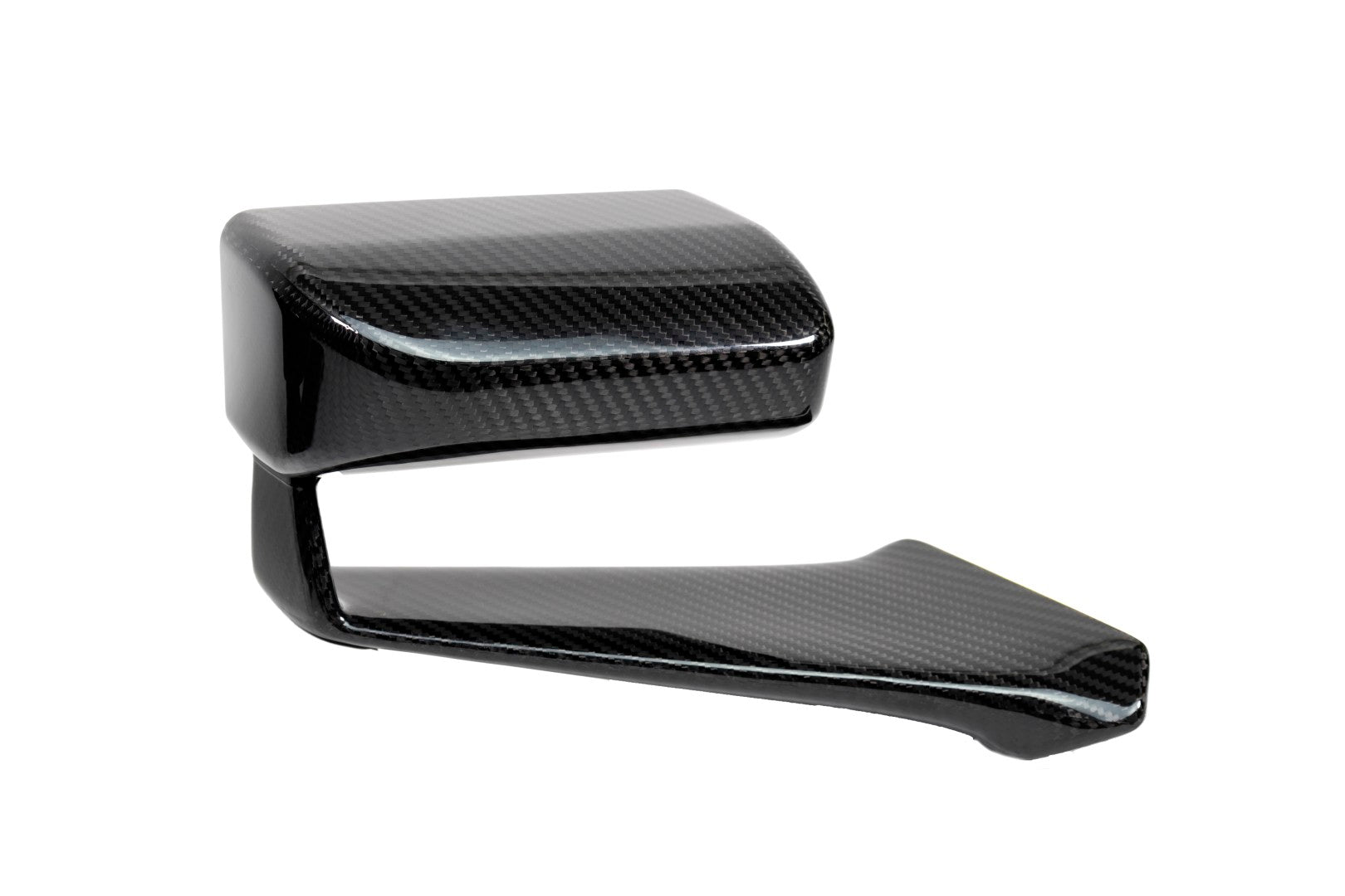 Carbon fiber side mirror cover with glossy finish and curved aerodynamic design on white background - APR Performance side mirror for Ford S650 Mustang Dark Horse