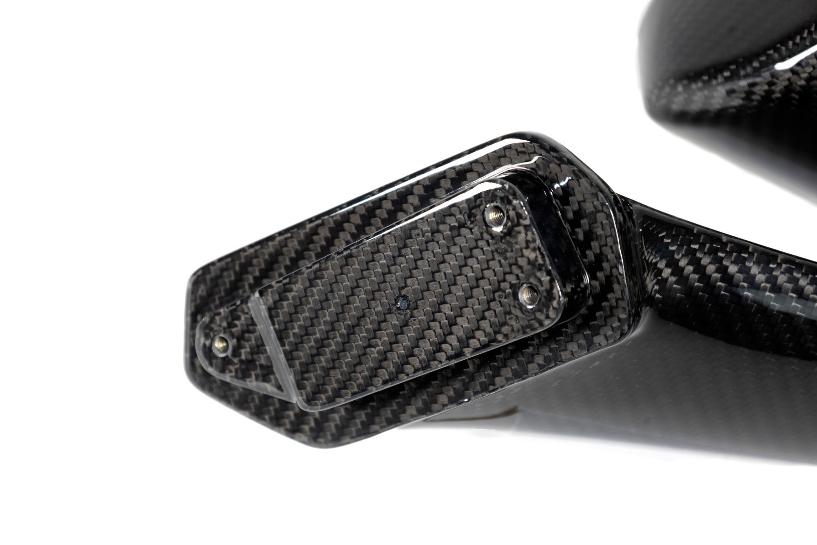Carbon fiber side mirror with rectangular mirror glass and adjustable mounting arm on white background - APR Performance side mirror for Ford S650 Mustang Dark Horse