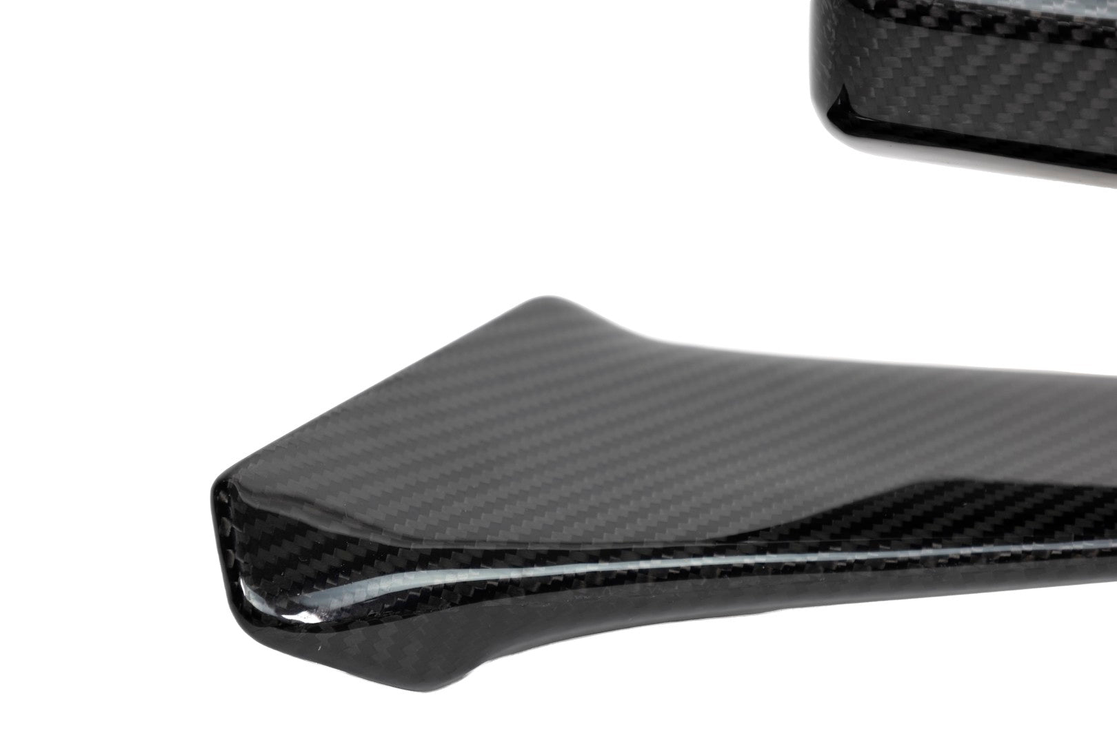 Black carbon fiber side mirror covers with glossy finish on clean white background - APR Performance side mirror for Ford S650 Mustang Dark Horse