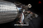 A close up view of Fi EXHAUST Valvetronic Cat-Back System for Ferrari SF90 Stradale (OPF) 2020+ with white background