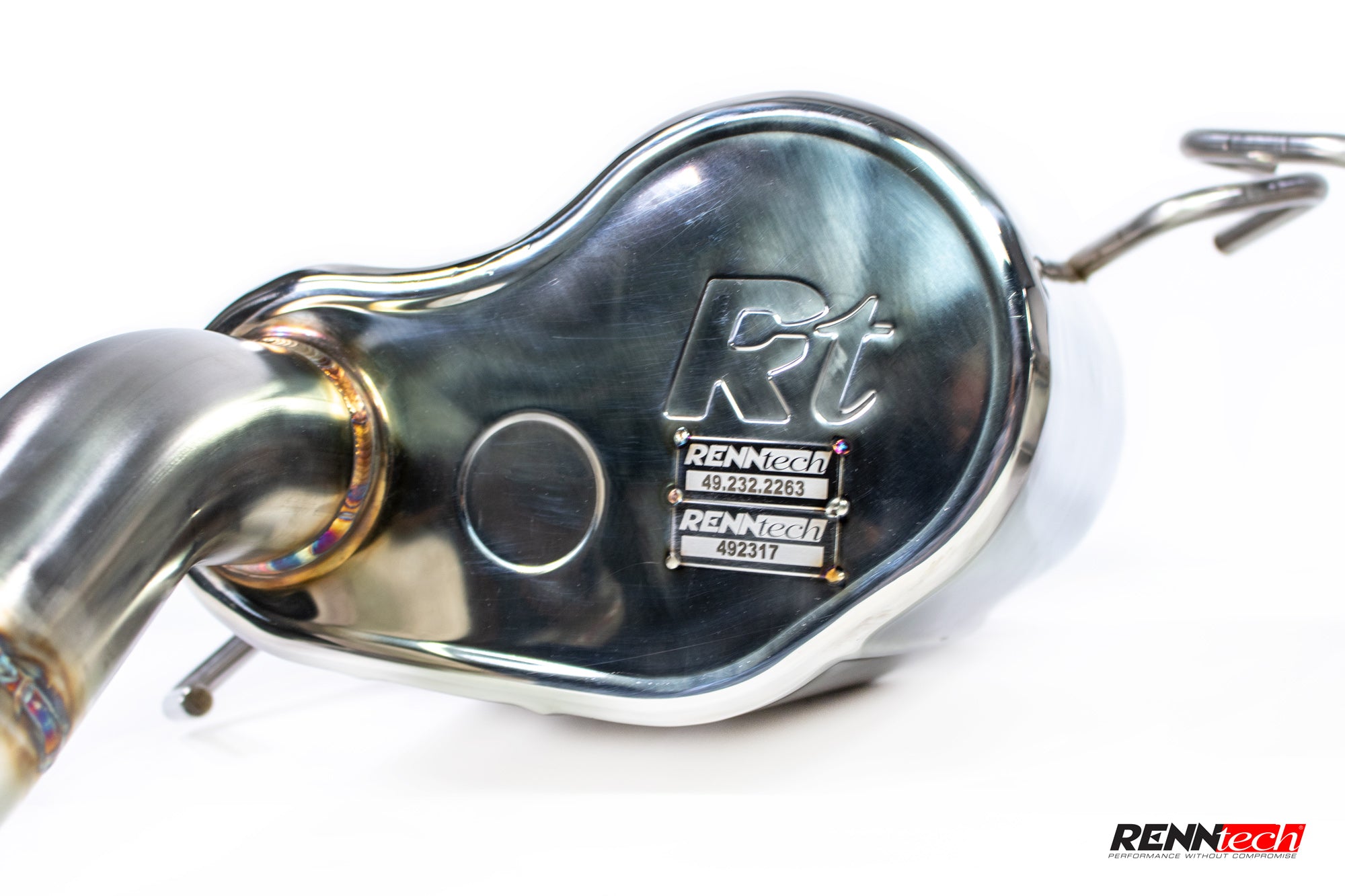 AMG SL sport muffler with RennTech plate close up - Sport Mufflers for the 2022-2026 SL 63 AMG