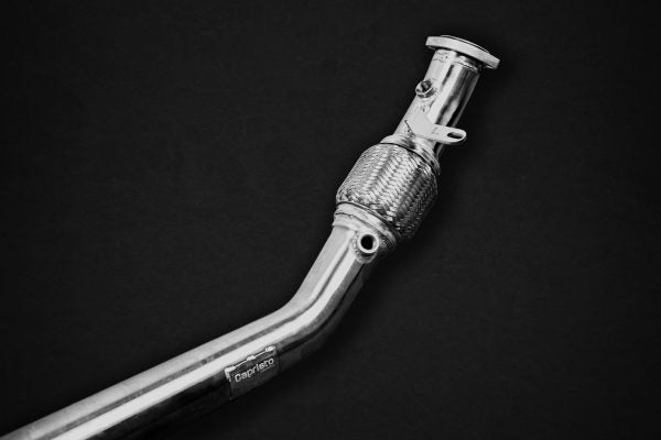 close side view of Capristo Middle Silencer Spare with Cat Delete for Mercedes AMG SL63 (R231) Biturbo 2013-2019 with black background