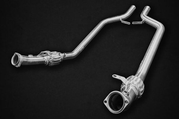 close view of Capristo Middle Silencer Spare with Cat Delete for Mercedes AMG SL63 (R231) Biturbo 2013-2019 with black background
