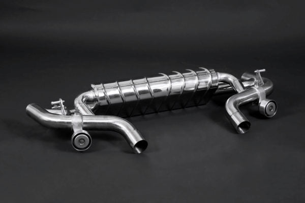 wide side view of Capristo Valved Exhaust with Mid-Pipes (CES3) for Mercedes AMG SLS Black Series 2013–2015 with black background