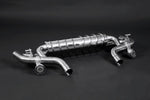 wide side view of Capristo Valved Exhaust with Mid-Pipes (CES3) for Mercedes AMG SLS Black Series 2013–2015 with black background