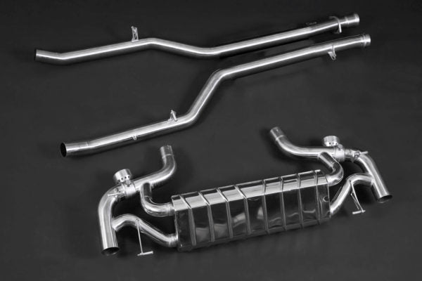 wide top view of Capristo Valved Exhaust with Mid-Pipes (CES3) for Mercedes AMG SLS Black Series 2013–2015 with black background