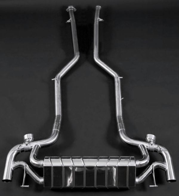 wide top view of Capristo Valved Exhaust with Mid-Pipes (CES3) for Mercedes AMG SLS Black Series 2013–2015 with black background