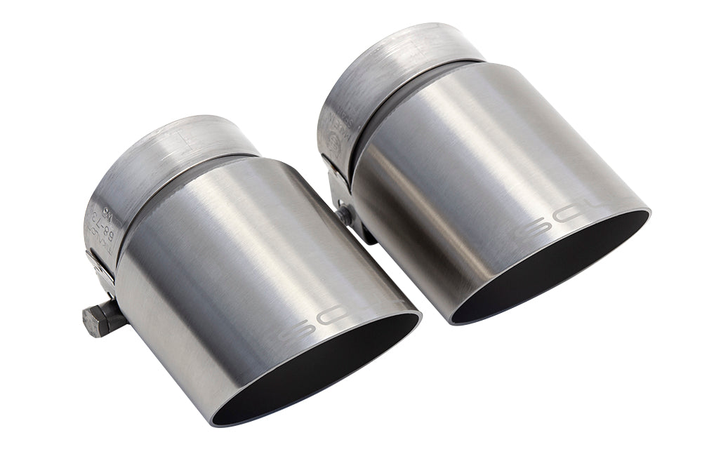 Soul 718 Boxster / Cayman competition package: pair of brushed tips, angled view