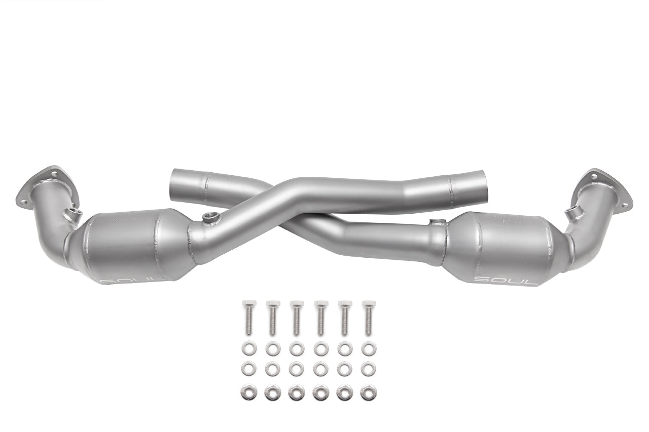 Soul 996 Carrera sport cats / cat bypass pipes: sport cat X-pipe with hardware