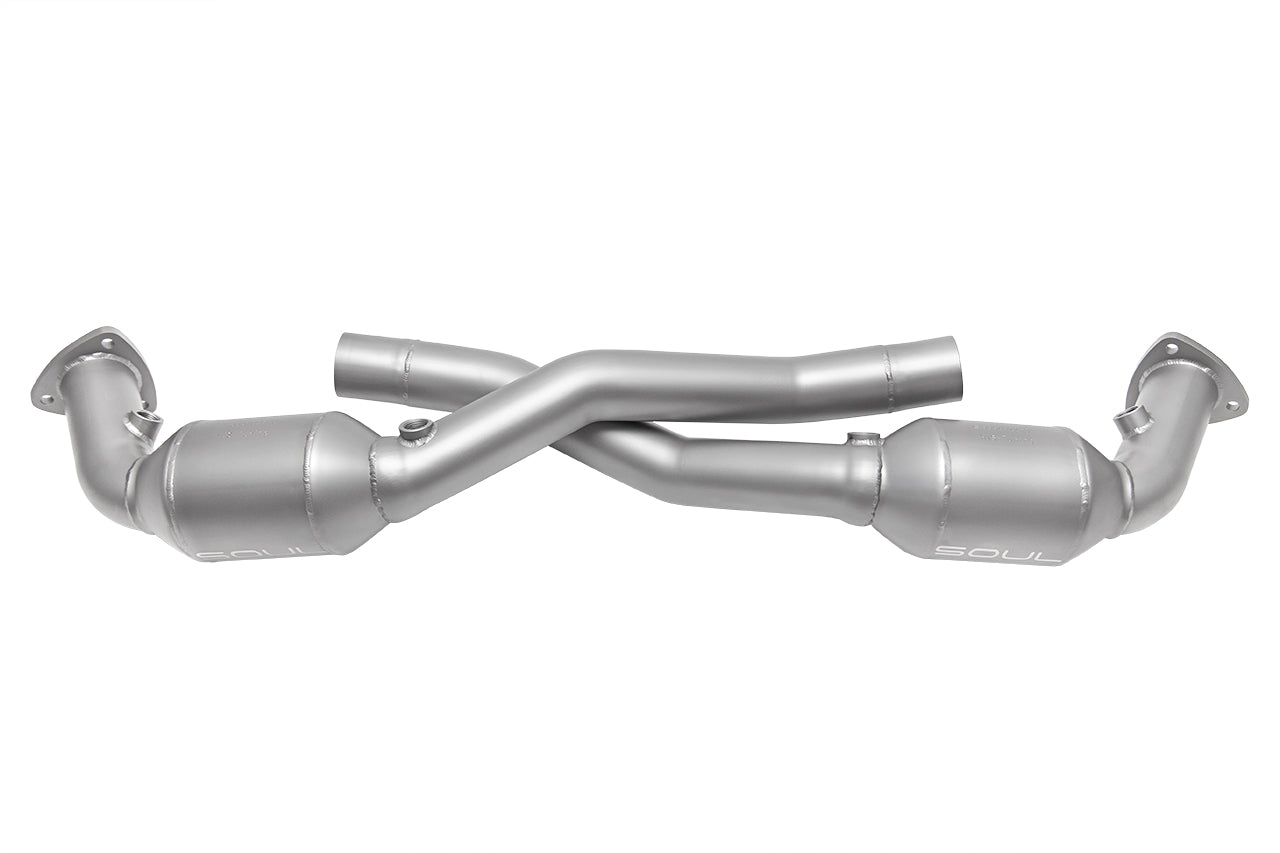 Soul 996 Carrera sport cats / cat bypass pipes: 996 sport catalytic converters on the X-pipe