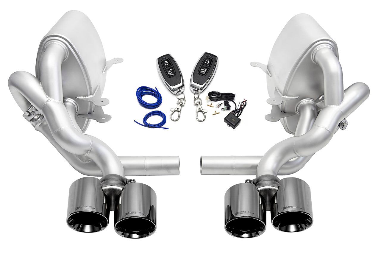 Soul 997.2 Carrera valved side mufflers: valved exhaust with black chrome tips and valve kit