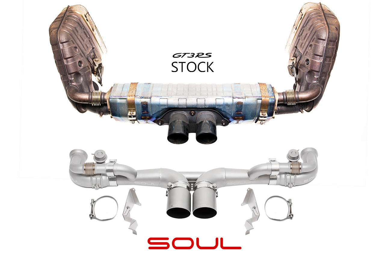 991 GT3 / GT3 RS modular competition exhaust package: stock exhaust above the SOUL modular package