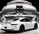 991 GT3 / GT3 RS center muffler bypass exhaust: exhaust installed, view from below a white GT3