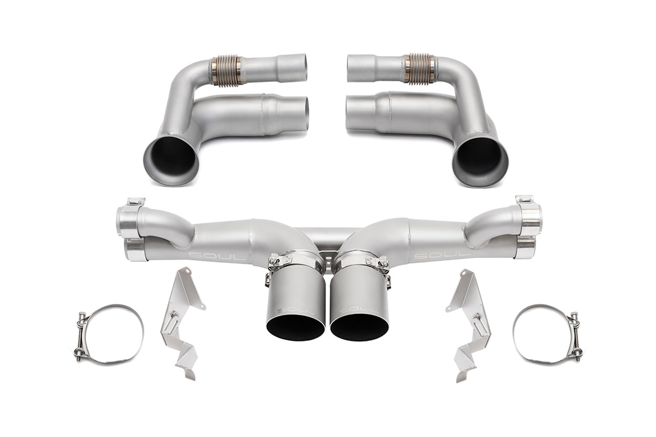 Soul 991 GT3 / GT3 RS modular competition exhaust package: modular package laid out with brackets