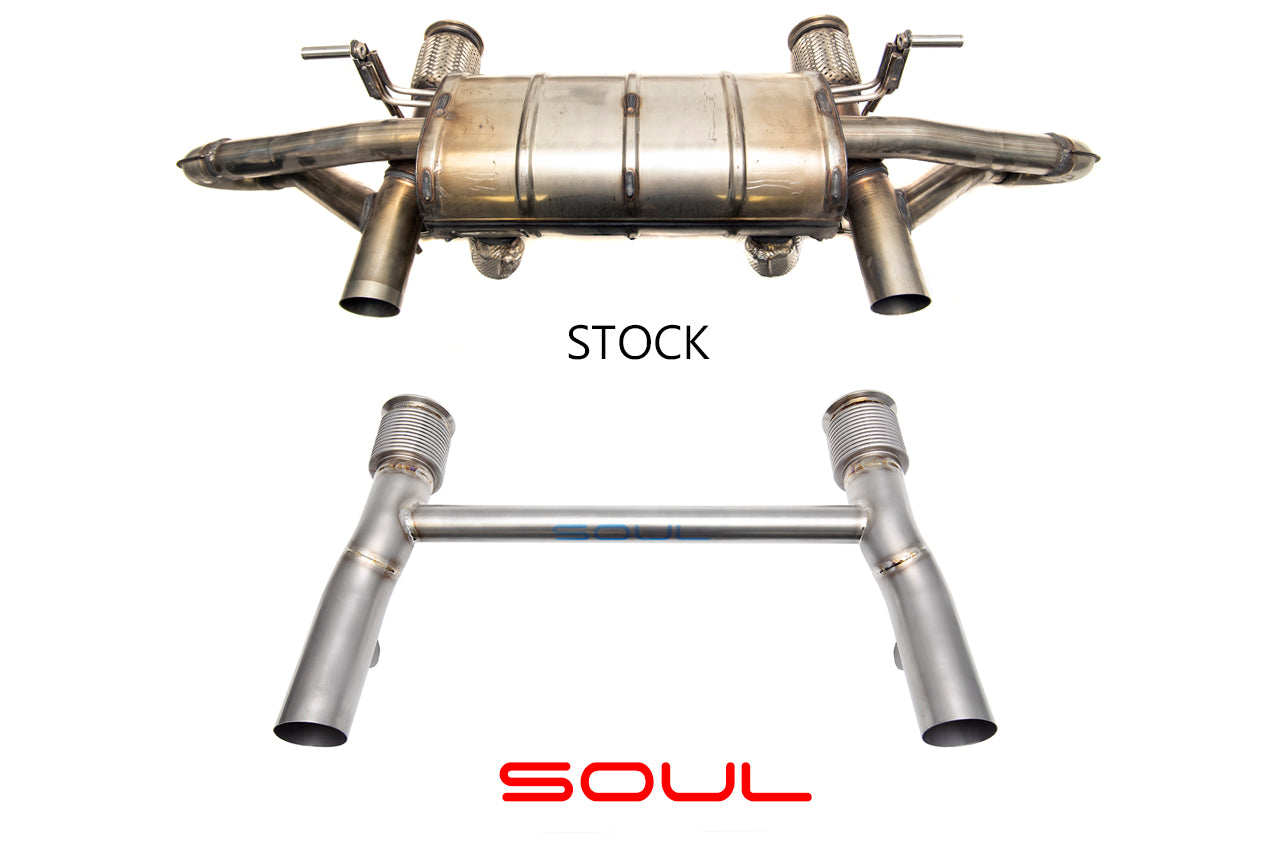 Soul Huracan EVO / STO titanium race exhaust system: stock muffler above the SOUL race exhaust