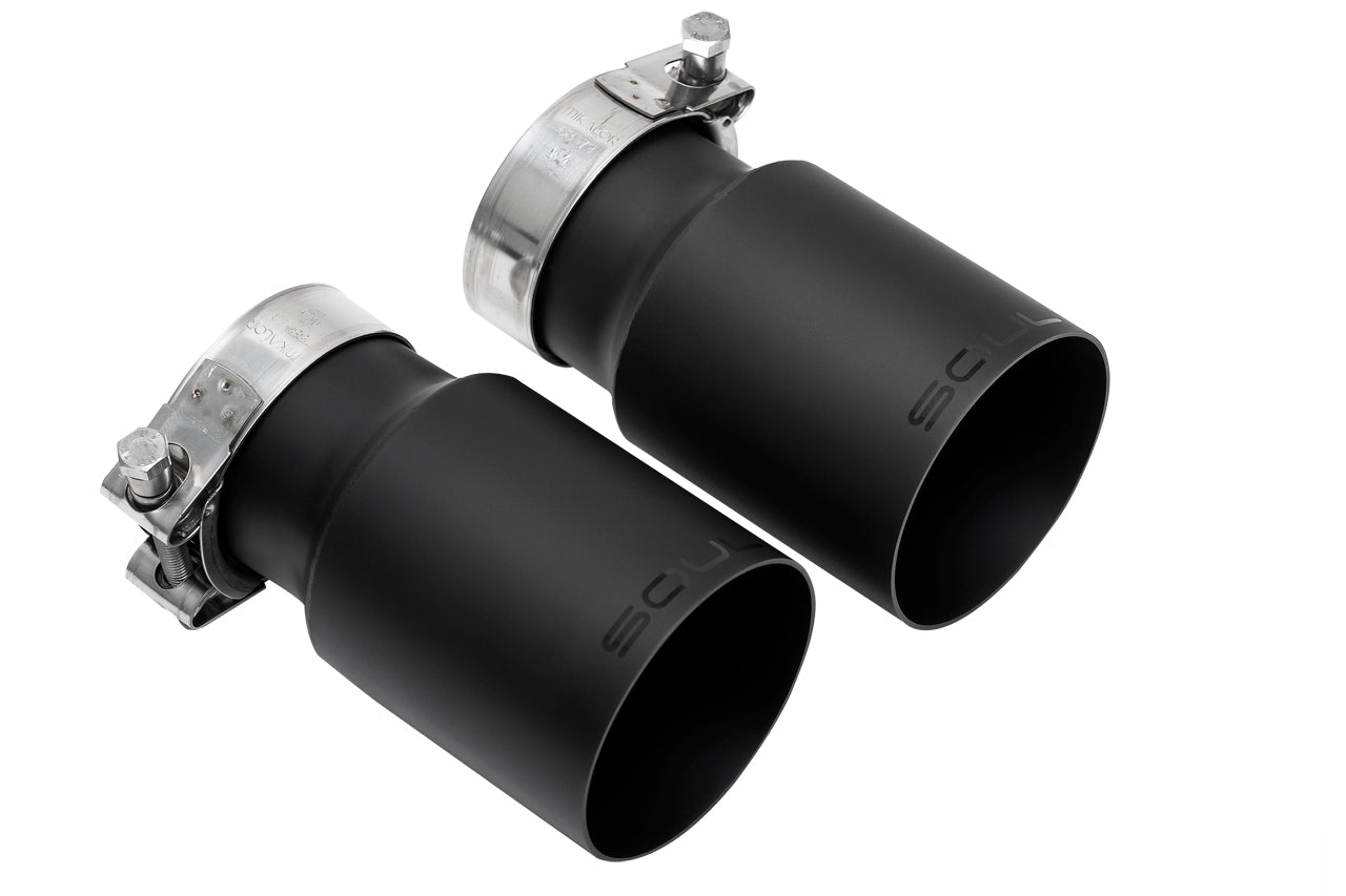 Soul 718 Boxster / Cayman bolt-on x-pipe with tips: pair of black tips, angled view