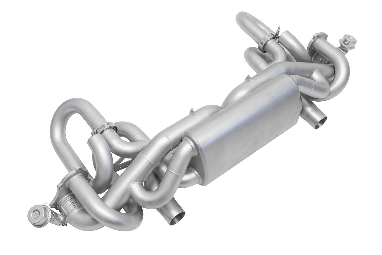 Soul 718 GT4 / Spyder / GTS valved exhaust system: sport package, angled view