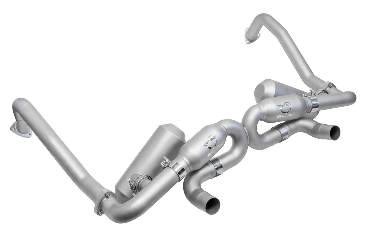 Soul 718 GT4 / Spyder / GTS drone canister upgrade: race exhaust system, angled view