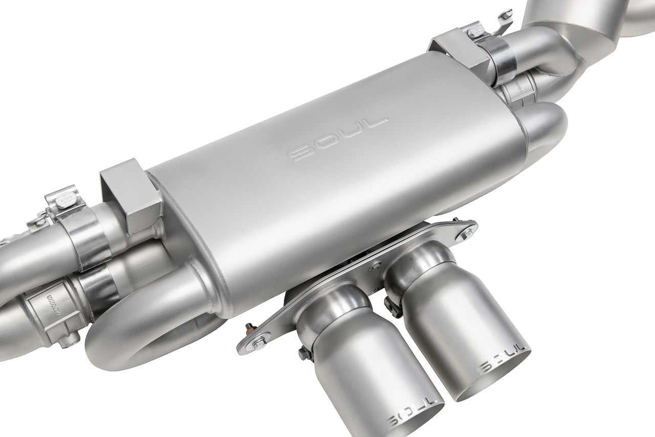 Soul 992 GT3 / GT3 RS valved exhaust packages: close-up of the valved muffler and tips