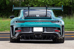 Soul 992 GT3 / GT3 RS high pitch exhaust system: green GT3 RS rear view with the exhaust