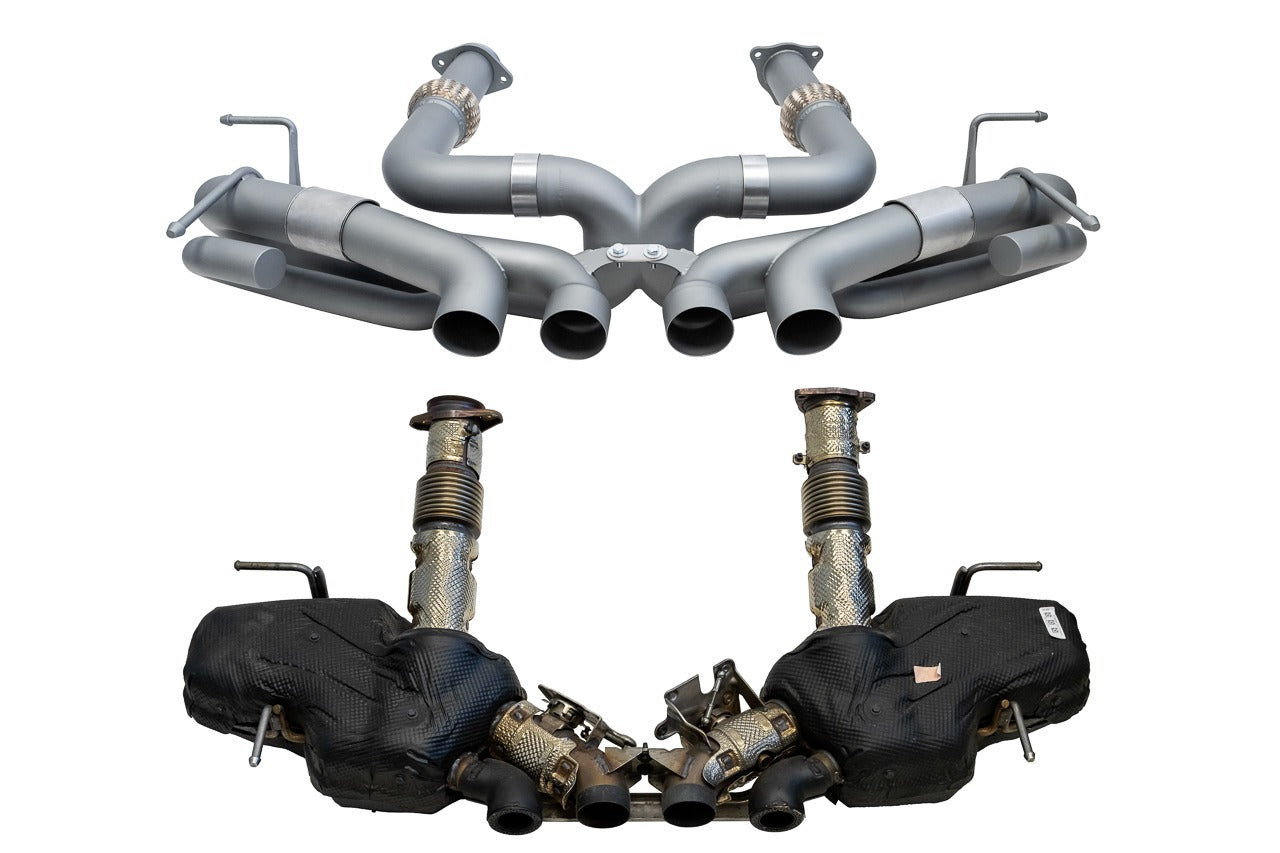 Soul C8 Corvette Z06 performance rear exhaust system: Z06 rear exhaust with the stock parts below