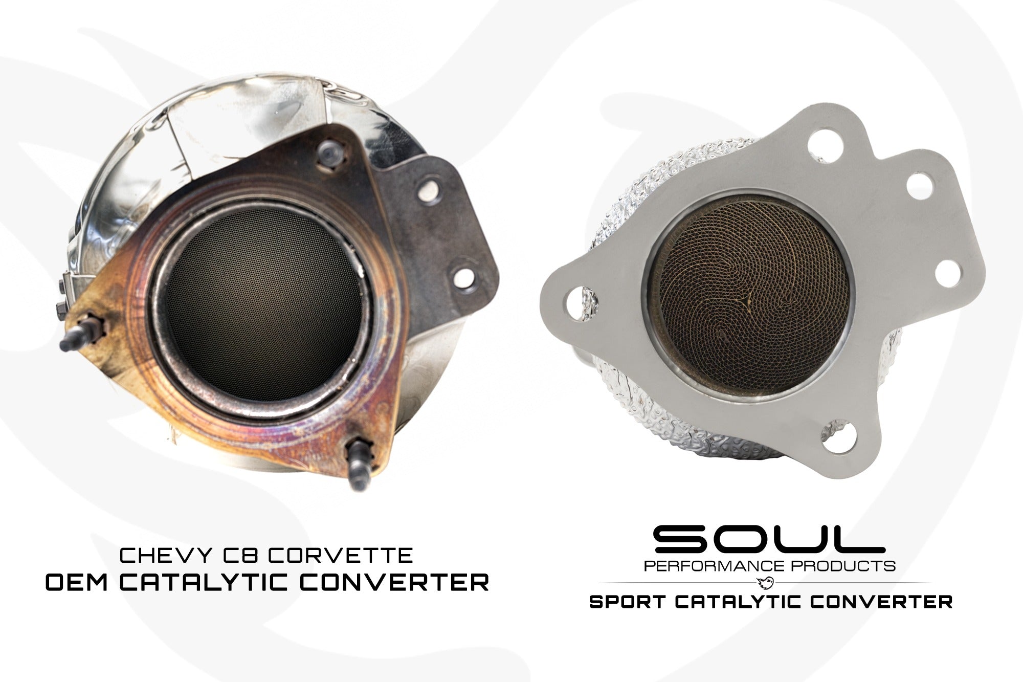 Soul C8 Corvette Z06 sport catalytic converters: stock cat beside the SOUL sport cat, inlet view