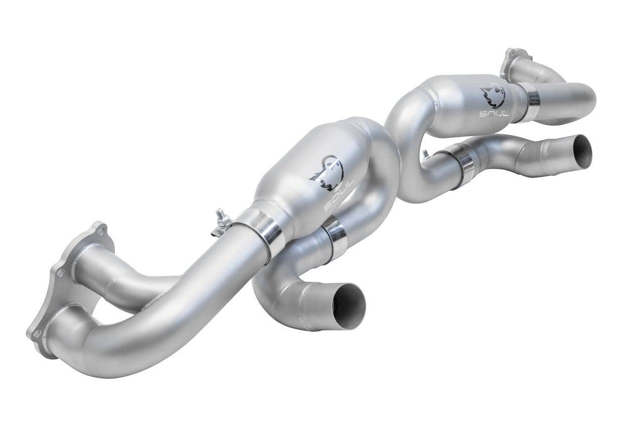 Soul 718 GT4 / Spyder / GTS race x-pipe exhaust: race X-pipe exhaust, angled view