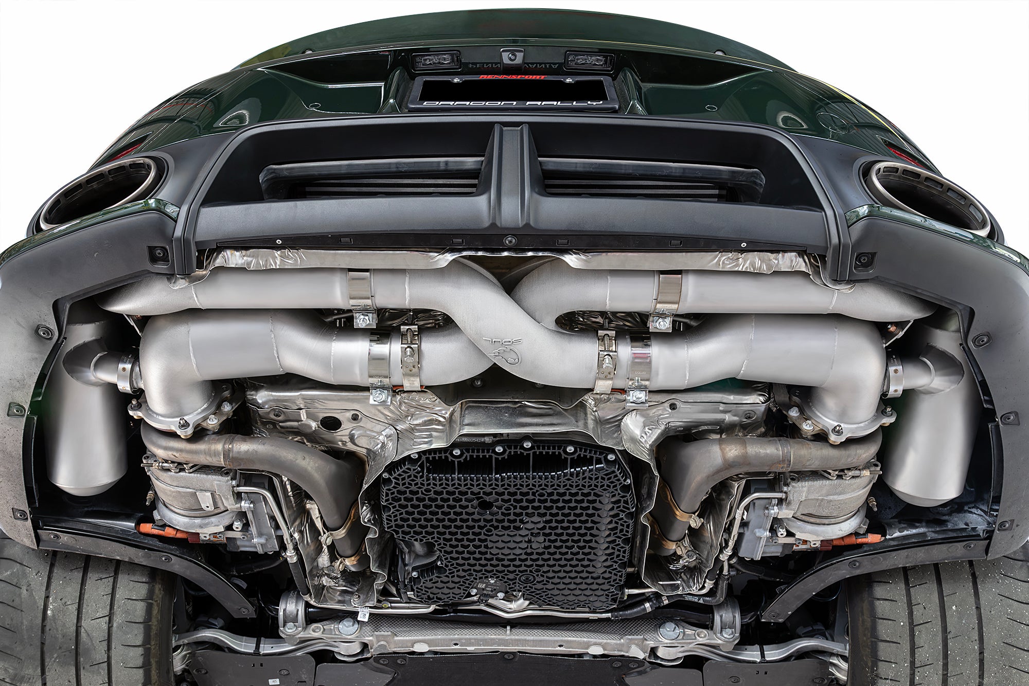 Soul 992.2 Turbo S performance exhaust system: performance exhaust installed, rear view from below
